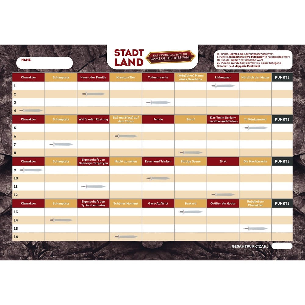 Stadt, Land, das inoffizielle Spiel für Game of Thrones-Fans - Spielblock