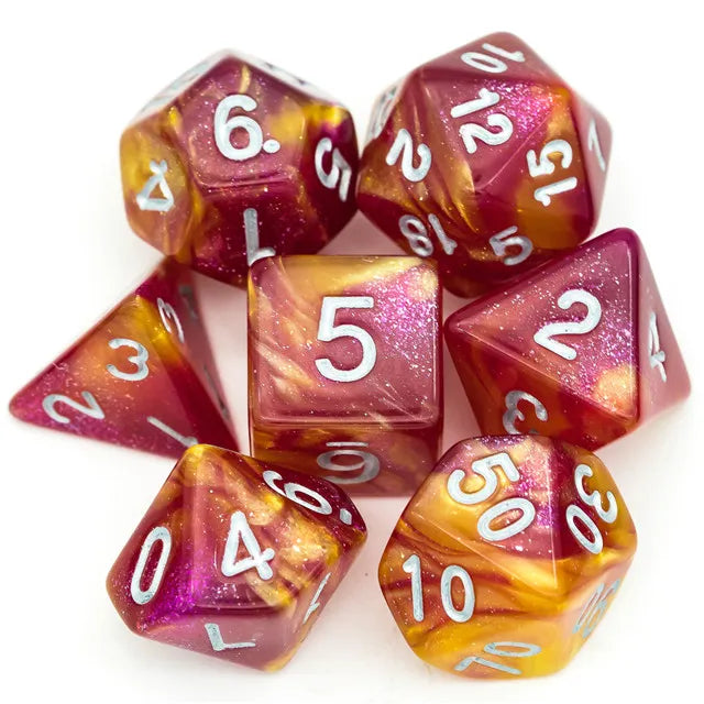 DND Würfelset „Color Mixed Glitter“ Polyeder Acryl Würfel 7 teilig mit Goldzahlen