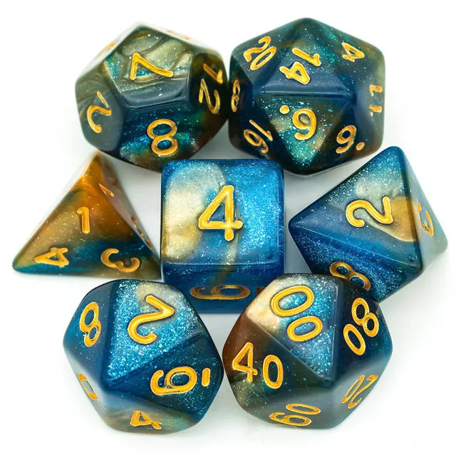 DND Würfelset „Color Mixed Glitter“ Polyeder Acryl Würfel 7 teilig mit Goldzahlen