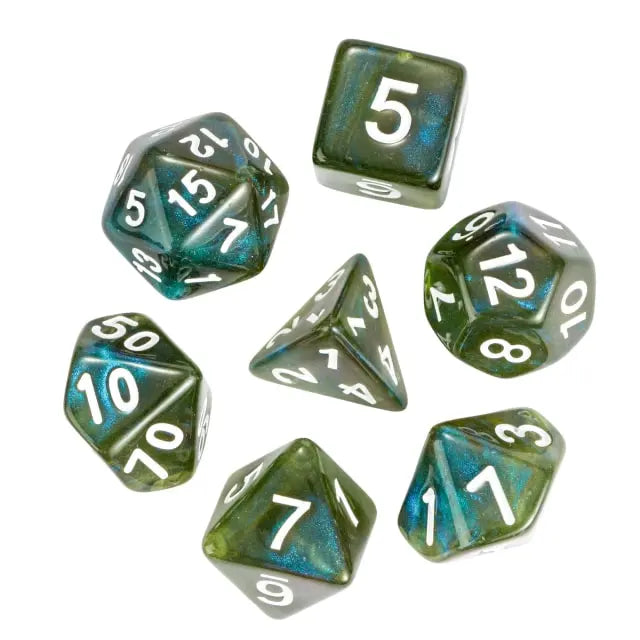 DND Würfelset „Durchsichtiger Glitzer“ Polyeder Acryl Würfel 7 teilig für Dungeons and Dragons und RPG