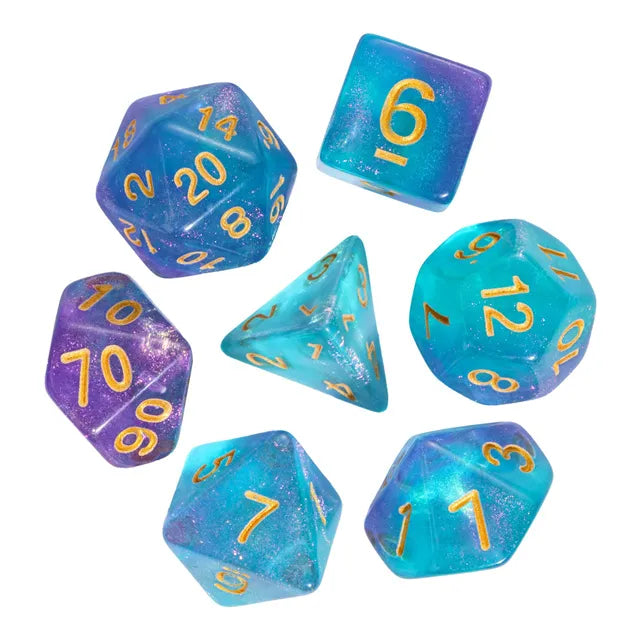 DND Würfelset „Color Mixed Glitter“ Polyeder Acryl Würfel 7 teilig mit Goldzahlen