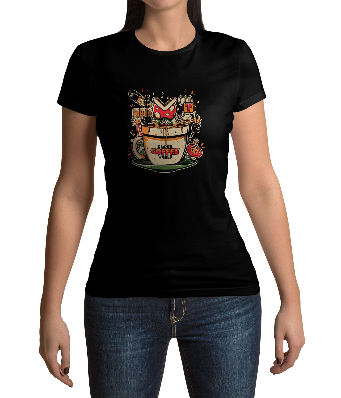 Lootchest T-Shirt „Super Coffee World“. Bestelle das exklusive Nerd Shirt und zeigt, dass du sowohl Kaffee als auch Retro-Geming magst. In den Größen S-5XL.