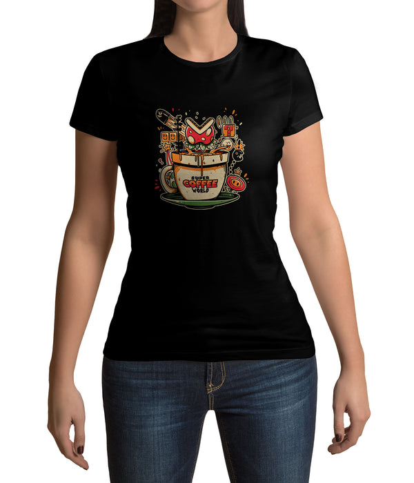 Lootchest T-Shirt „Super Coffee World“. Bestelle das exklusive Nerd Shirt und zeigt, dass du sowohl Kaffee als auch Retro-Geming magst. In den Größen S-5XL.