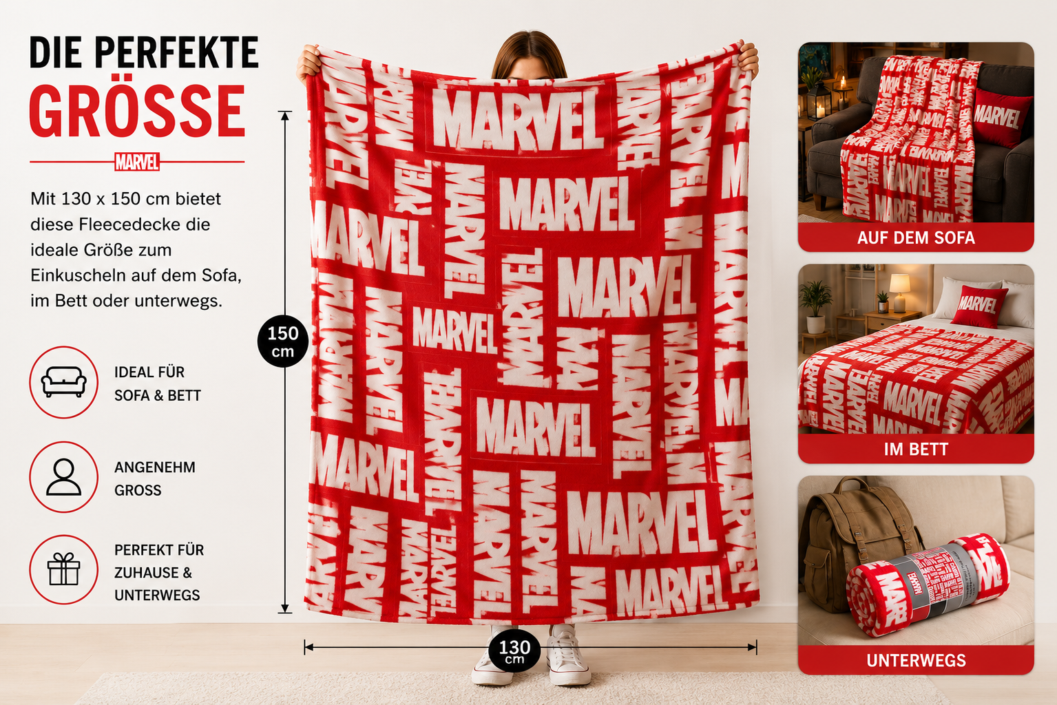 Marvel - Supersoft fleece blanket - red/white - 130x150 cm