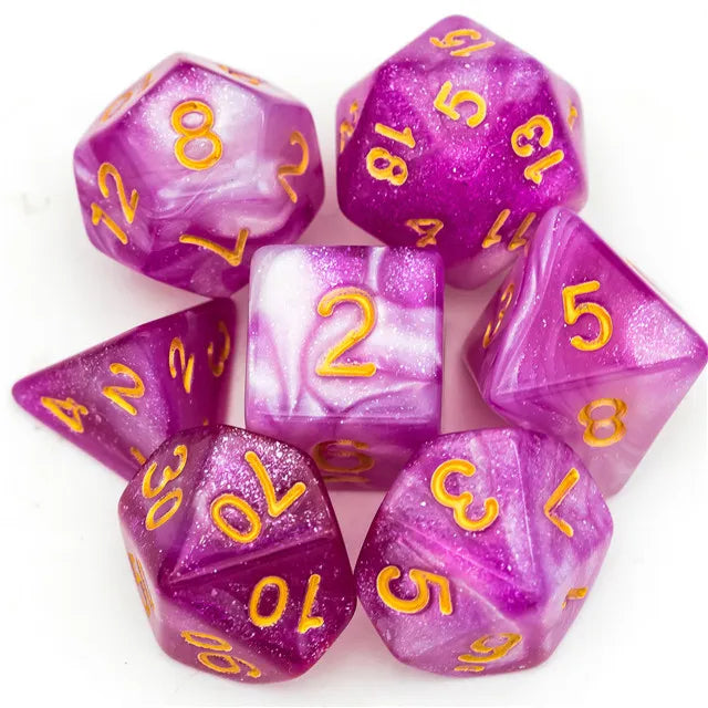 DND Würfelset „Color Mixed Glitter“ Polyeder Acryl Würfel 7 teilig mit Goldzahlen