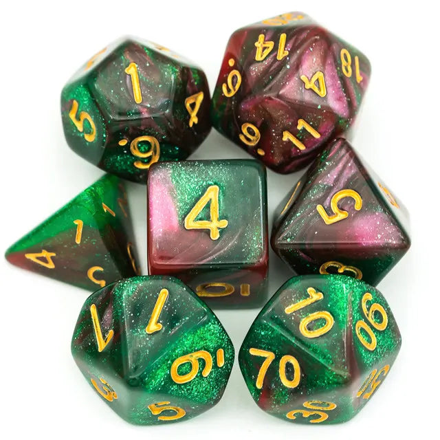 DND Würfelset „Color Mixed Glitter“ Polyeder Acryl Würfel 7 teilig mit Goldzahlen